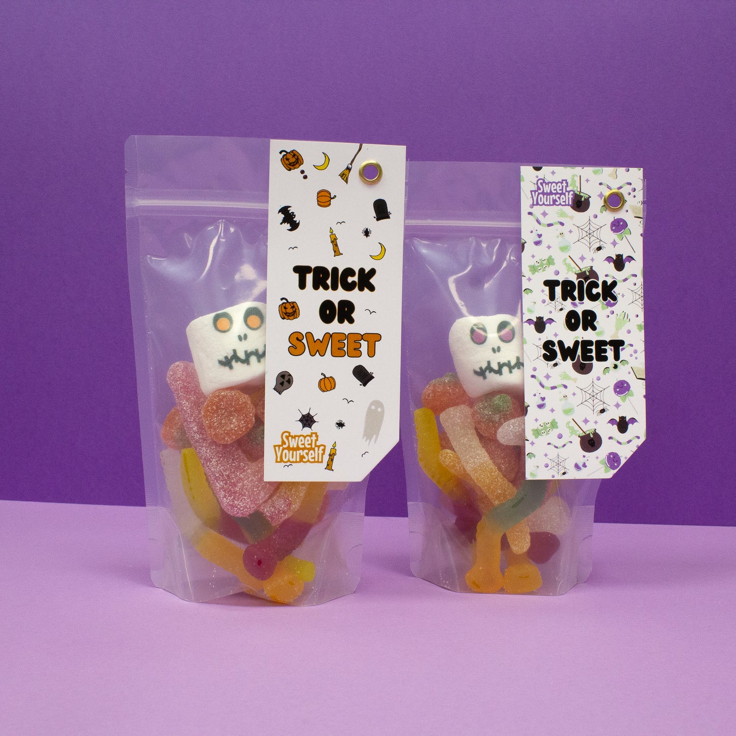 Trick or Sweet Halloween sweet bag filled with vegan gummy sweets and spooky marshmallows, perfect for sharing or gifting