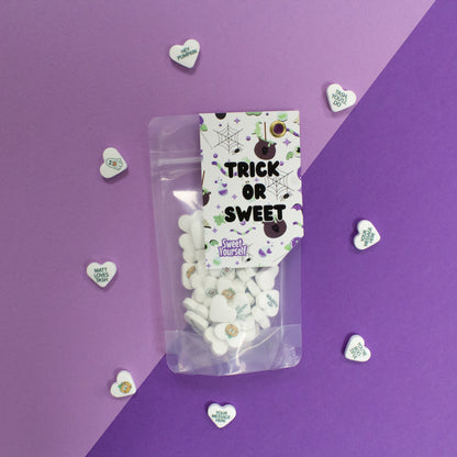 Trick or Sweet Halloween-themed bag of personalised heart-shaped candies with fun, spooky messages, ideal for gifting or sharing