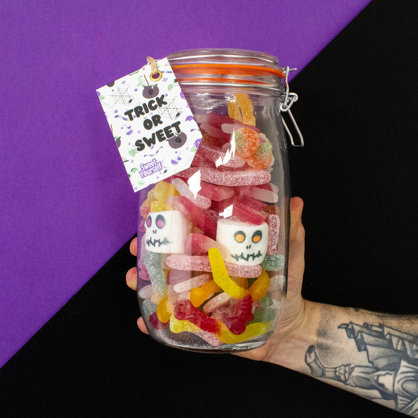 Trick or Sweet Halloween jar packed with vegan gummy sweets and spooky marshmallows, ideal for Halloween gifting or celebrations